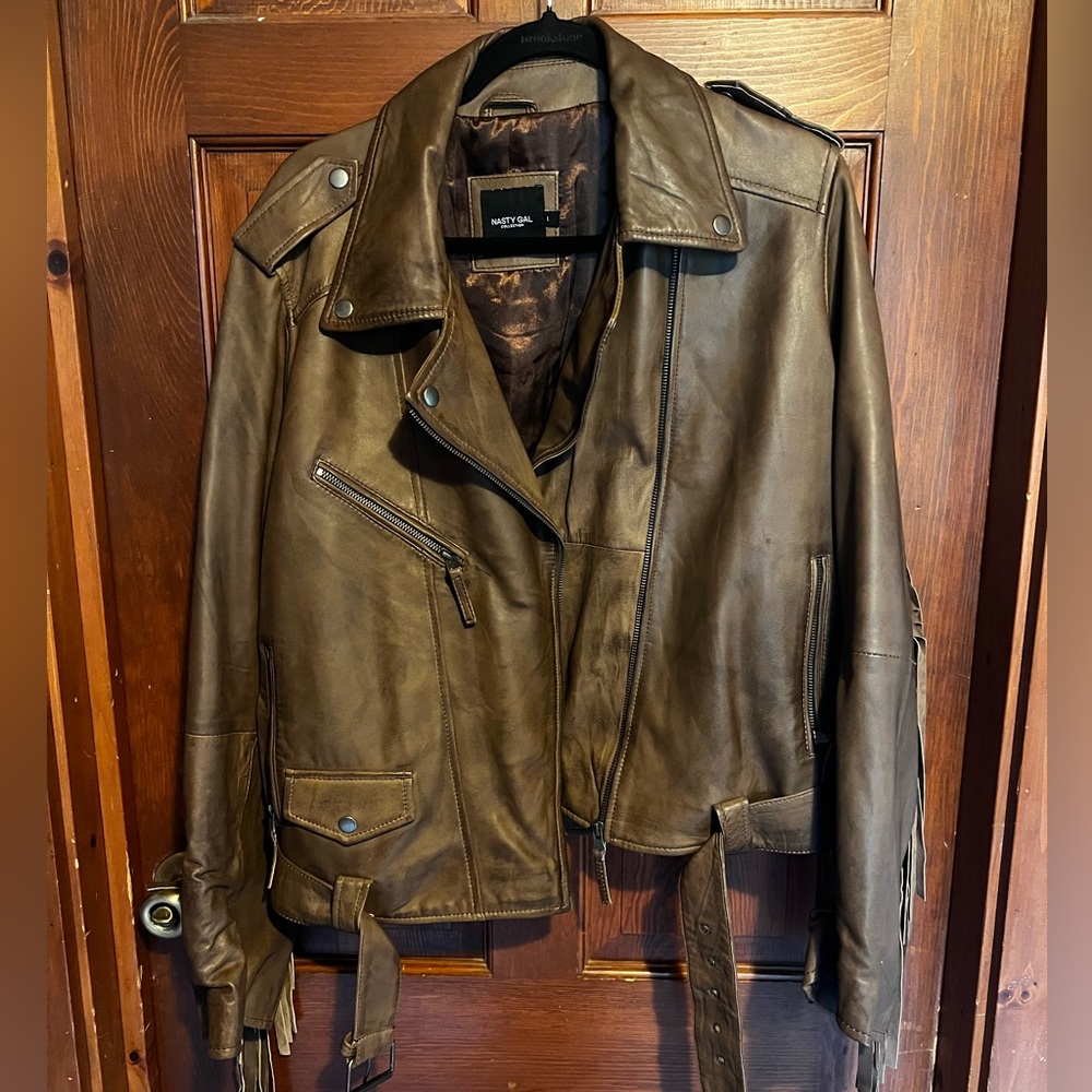 Nasty Gal genuine leather moto, biker jacket, with fringe!!